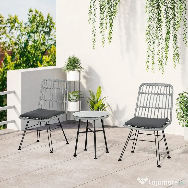 Outsunny Set Mobilier Grădină 3 Piese din Ratan, Salon Exterior cu Măsuță de Cafea și Scaune, Ideal pentru Spații Deschise, Gri | Aosom Romania