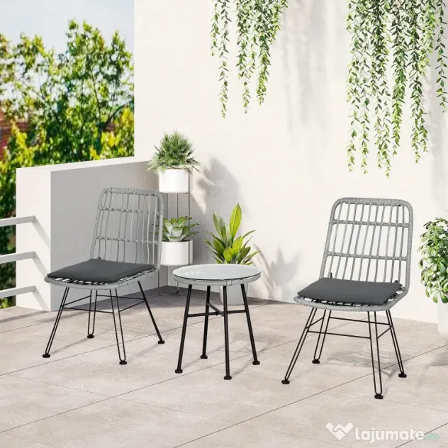 Outsunny Set Mobilier Grădină 3 Piese din Ratan, Salon Exterior cu Măsuță de Cafea și Scaune, Ideal pentru Spații Deschise, Gri | Aosom Romania