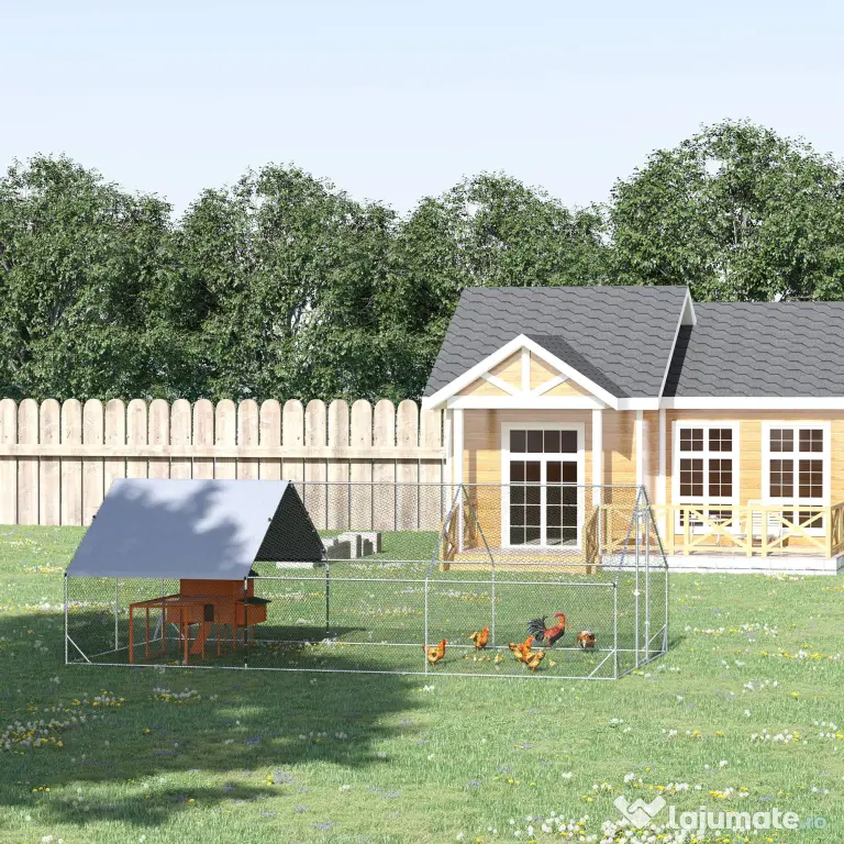 Cotet gaini PawHut cu Cadru Zincat si Plasa Hexagonala, Acoperis din Material Impermeabil pentru Gaini, Rate si Iepuri, 3x6x2m | Aosom Romania