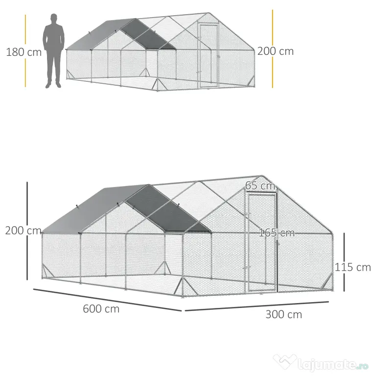 Cotet gaini PawHut cu Cadru Zincat si Plasa Hexagonala, Acoperis din Material Impermeabil pentru Gaini, Rate si Iepuri, 3x6x2m | Aosom Romania