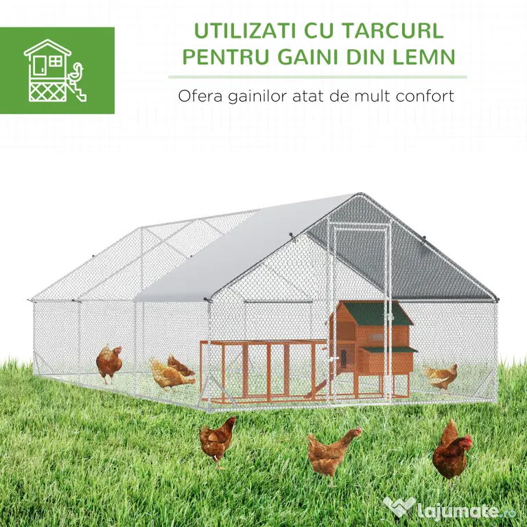 Cotet gaini PawHut cu Cadru Zincat si Plasa Hexagonala, Acoperis din Material Impermeabil pentru Gaini, Rate si Iepuri, 3x6x2m | Aosom Romania