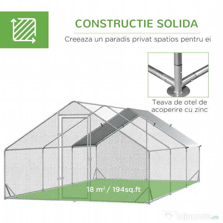 Cotet gaini PawHut cu Cadru Zincat si Plasa Hexagonala, Acoperis din Material Impermeabil pentru Gaini, Rate si Iepuri, 3x6x2m | Aosom Romania