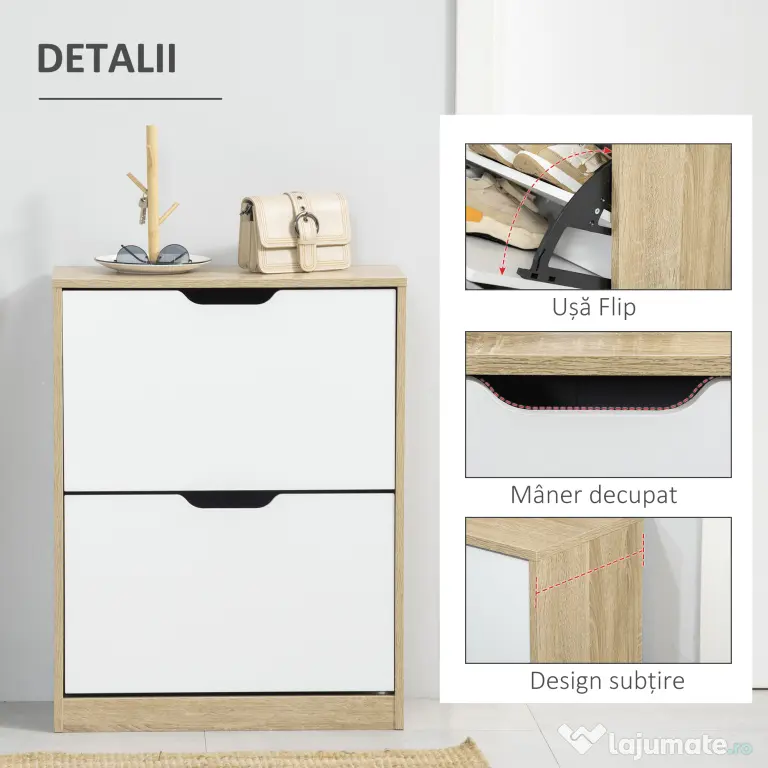HOMCOM Dulap pantofi cu 2 Sertare Rabatabile, 8 Perechi, cu un Dispozitiv Anti-Răsturnare, Design Compact, 62,5x26x81 cm, Natural | Aosom Romania