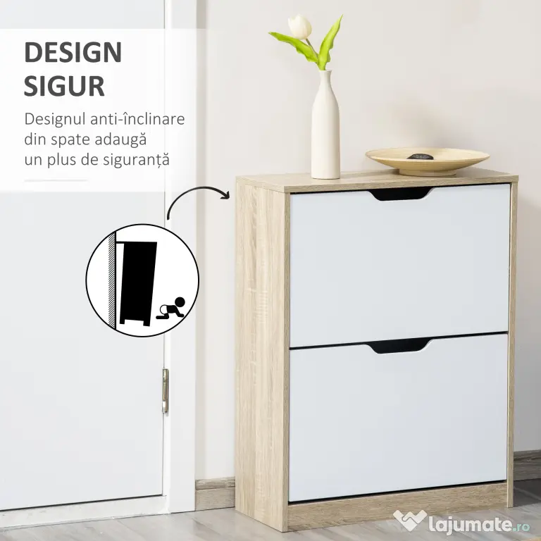 HOMCOM Dulap pantofi cu 2 Sertare Rabatabile, 8 Perechi, cu un Dispozitiv Anti-Răsturnare, Design Compact, 62,5x26x81 cm, Natural | Aosom Romania
