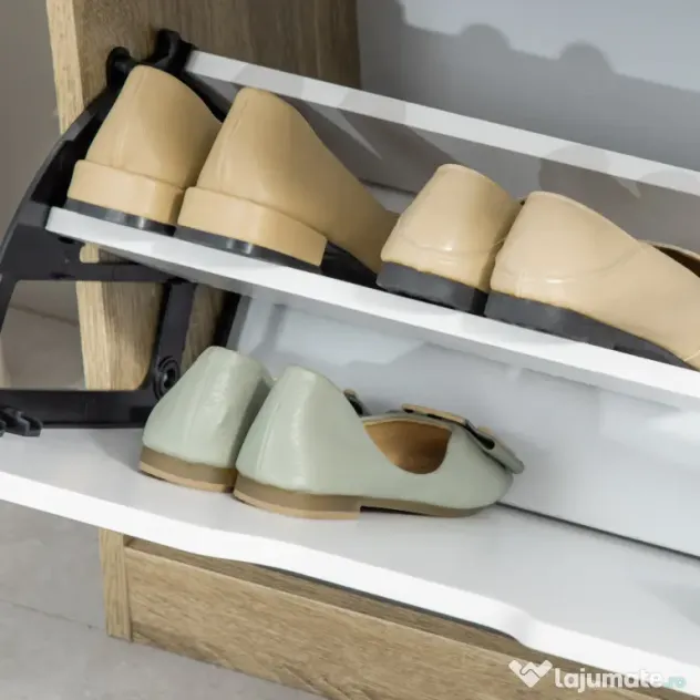 HOMCOM Dulap pantofi cu 2 Sertare Rabatabile, 8 Perechi, cu un Dispozitiv Anti-Răsturnare, Design Compact, 62,5x26x81 cm, Natural | Aosom Romania