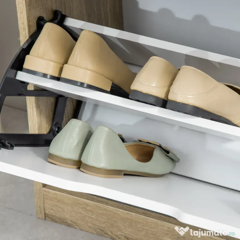 HOMCOM Dulap pantofi cu 2 Sertare Rabatabile, 8 Perechi, cu un Dispozitiv Anti-Răsturnare, Design Compact, 62,5x26x81 cm, Natural | Aosom Romania