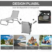 Outsunny Sezlong pentru Gradina cu Baldachin Reglabil, Sezlong pentru Plaja Pliabil Rabatabil pe 4 Niveluri, Gri deschis