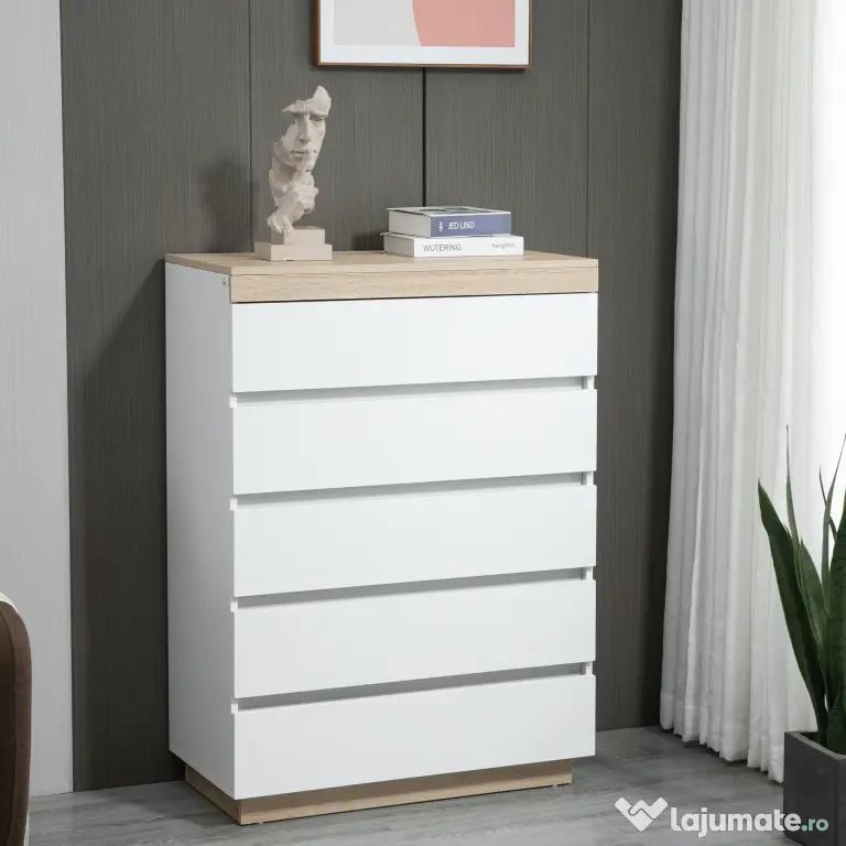HOMCOM Comodă cu 5 Sertare din Lemn, Comodă pentru Dormitor cu Dispozitiv Anti-Răsturnare, 80x40x109 cm, Alb | Aosom Romania