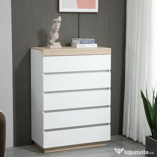 HOMCOM Comodă cu 5 Sertare din Lemn, Comodă pentru Dormitor cu Dispozitiv Anti-Răsturnare, 80x40x109 cm, Alb | Aosom Romania