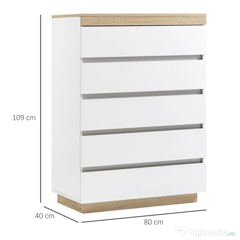 HOMCOM Comodă cu 5 Sertare din Lemn, Comodă pentru Dormitor cu Dispozitiv Anti-Răsturnare, 80x40x109 cm, Alb | Aosom Romania