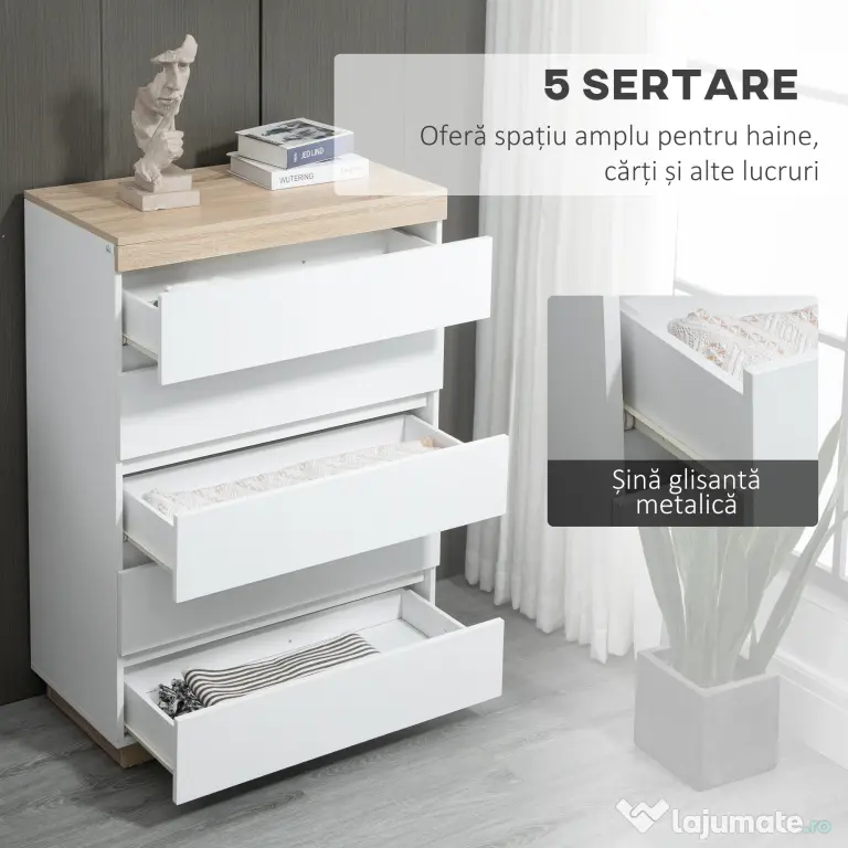 HOMCOM Comodă cu 5 Sertare din Lemn, Comodă pentru Dormitor cu Dispozitiv Anti-Răsturnare, 80x40x109 cm, Alb | Aosom Romania
