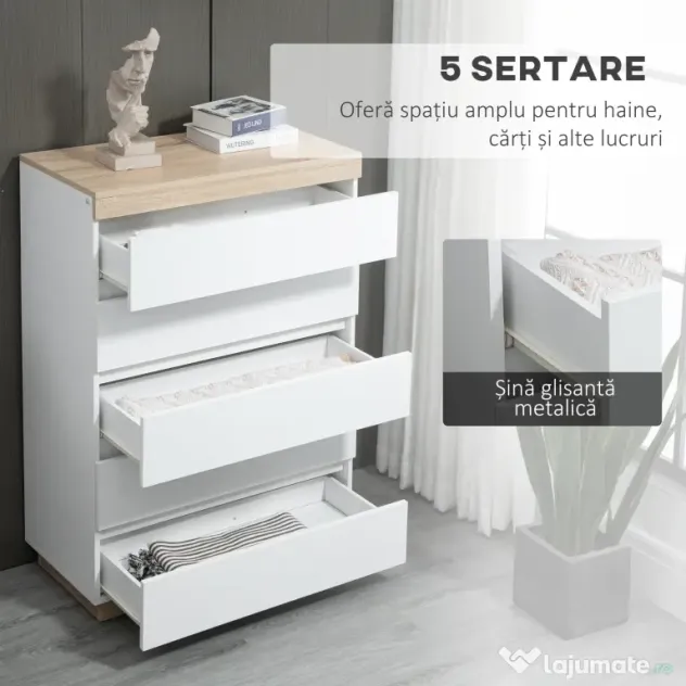HOMCOM Comodă cu 5 Sertare din Lemn, Comodă pentru Dormitor cu Dispozitiv Anti-Răsturnare, 80x40x109 cm, Alb | Aosom Romania