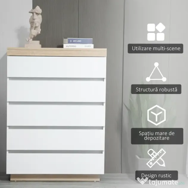 HOMCOM Comodă cu 5 Sertare din Lemn, Comodă pentru Dormitor cu Dispozitiv Anti-Răsturnare, 80x40x109 cm, Alb | Aosom Romania