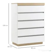 HOMCOM Comodă cu 5 Sertare din Lemn, Comodă pentru Dormitor cu Dispozitiv Anti-Răsturnare, 80x40x109 cm, Alb 