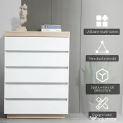 HOMCOM Comodă cu 5 Sertare din Lemn, Comodă pentru Dormitor cu Dispozitiv Anti-Răsturnare, 80x40x109 cm, Alb 