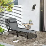 Outsunny Sezlong pentru Plaja cu Spatar Rabatabil pe 5 Pozitii si Perna, Sezlong de Gradina Pliabil din Otel si Tesatura Plasa, Gri 