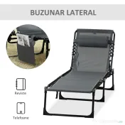 Outsunny Sezlong pentru Plaja cu Spatar Rabatabil pe 5 Pozitii si Perna, Sezlong de Gradina Pliabil din Otel si Tesatura Plasa, Gri 