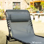 Outsunny Sezlong pentru Plaja cu Spatar Rabatabil pe 5 Pozitii si Perna, Sezlong de Gradina Pliabil din Otel si Tesatura Plasa, Gri 