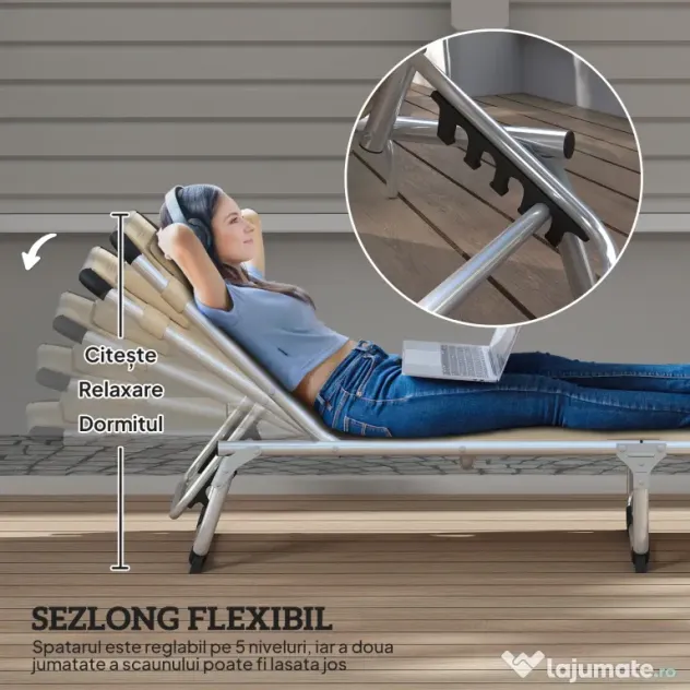 Outsunny Șezlong de plajă, Pliabil cu suport pentru cap, spătar reglabil, aluminiu și textilene, bej | Aosom Romania