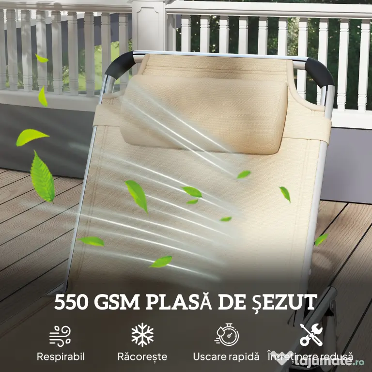 Outsunny Șezlong de plajă, Pliabil cu suport pentru cap, spătar reglabil, aluminiu și textilene, bej | Aosom Romania
