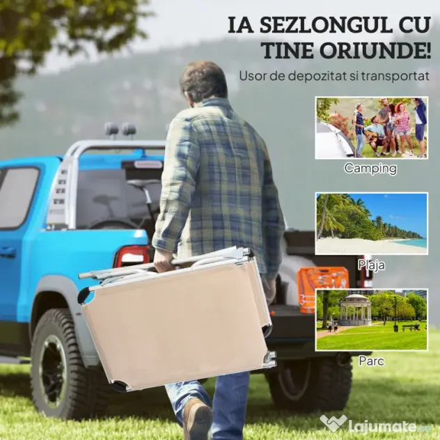 Outsunny Șezlong de plajă, Pliabil cu suport pentru cap, spătar reglabil, aluminiu și textilene, bej | Aosom Romania