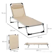 Outsunny Șezlong de plajă, Pliabil cu suport pentru cap, spătar reglabil, aluminiu și textilene, bej 
