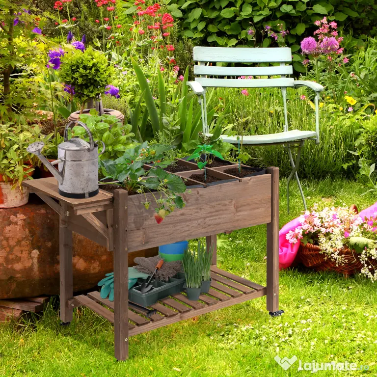 Outsunny Raised Garden Bed Planter Box w/ 8 Grow Grids, Storage Shelf & Lockable Wheels | Aosom Romania