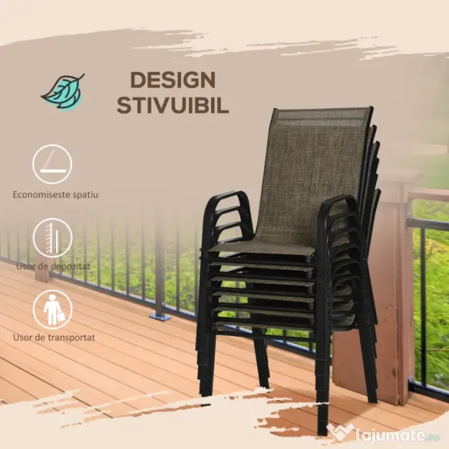 Outsunny Set 6 Piese Scaune de Gradina cu Cotiere, Scaune de Exterior Stivuibile din Metal si Tesatura Respirabila, Maro | Aosom Romania