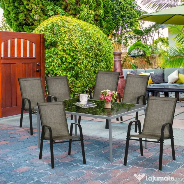 Outsunny Set 6 Piese Scaune de Gradina cu Cotiere, Scaune de Exterior Stivuibile din Metal si Tesatura Respirabila, Maro | Aosom Romania