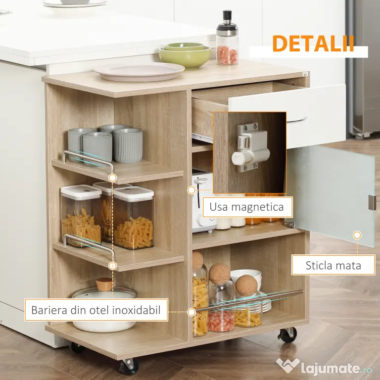 HOMCOM Cărucior Bucătărie Modern 3 Niveluri, Ușă Sticlă, Roți, Rafturi Deschise, Sistem Anti-Cădere, 65x39x80cm, Natural-Alb | Aosom Romania
