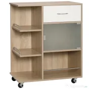 HOMCOM Carucior de bucatarie modern, carucior mobil de depozitare cu sertar, polita cu 3 niveluri, dulap cu usa din sticla, pentru sufragerie, natural