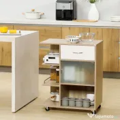 HOMCOM Carucior de bucatarie modern, carucior mobil de depozitare cu sertar, polita cu 3 niveluri, dulap cu usa din sticla, pentru sufragerie, natural