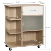 HOMCOM Carucior de bucatarie modern, carucior mobil de depozitare cu sertar, polita cu 3 niveluri, dulap cu usa din sticla, pentru sufragerie, natural