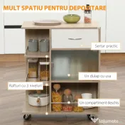 HOMCOM Carucior de bucatarie modern, carucior mobil de depozitare cu sertar, polita cu 3 niveluri, dulap cu usa din sticla, pentru sufragerie, natural