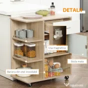 HOMCOM Carucior de bucatarie modern, carucior mobil de depozitare cu sertar, polita cu 3 niveluri, dulap cu usa din sticla, pentru sufragerie, natural
