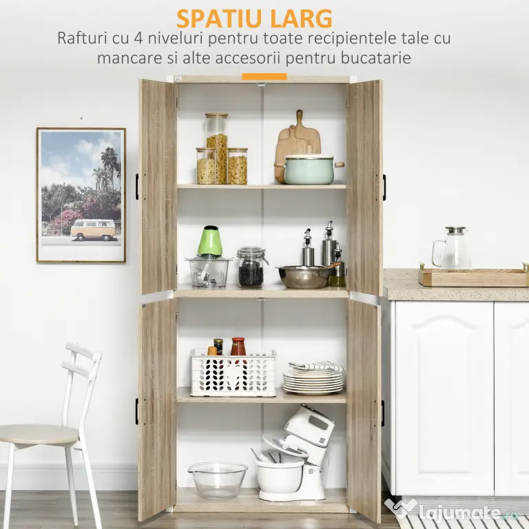 HOMCOM Dulap pentru Bucătărie cu 4 Rafturi Reglabile, 4 Uși și Dispozitiv Anti-Răsturnare, 80x40x182 cm, Lemn Natural | Aosom Romania