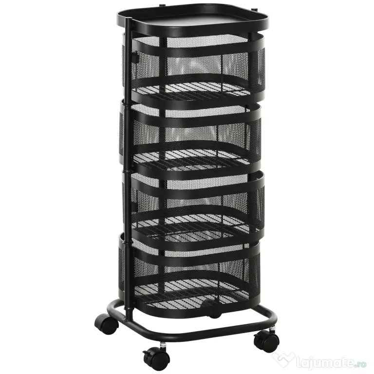 HOMCOM Carucior utilitar rulant cu cosuri metalice rotative, Carucior de serviciu cu 4 niveluri de depozitare cu blat, Negru