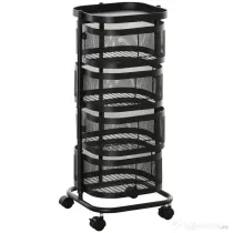 HOMCOM Carucior utilitar rulant  cu cosuri metalice rotative, Carucior de serviciu cu 4 niveluri de depozitare cu blat, Negru