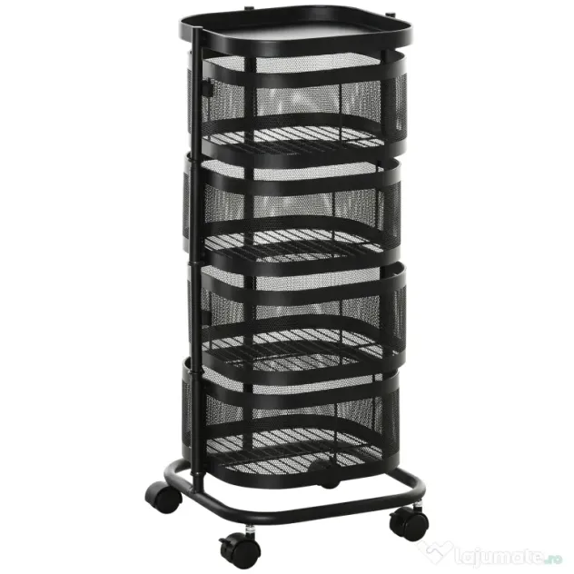 HOMCOM Carucior utilitar rulant cu cosuri metalice rotative, Carucior de serviciu cu 4 niveluri de depozitare cu blat, Negru
