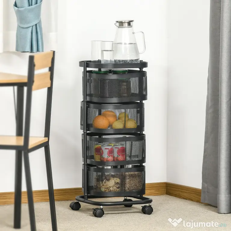 HOMCOM Carucior utilitar rulant cu cosuri metalice rotative, Carucior de serviciu cu 4 niveluri de depozitare cu blat, Negru