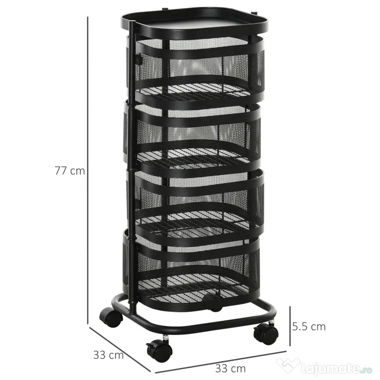 HOMCOM Carucior utilitar rulant cu cosuri metalice rotative, Carucior de serviciu cu 4 niveluri de depozitare cu blat, Negru