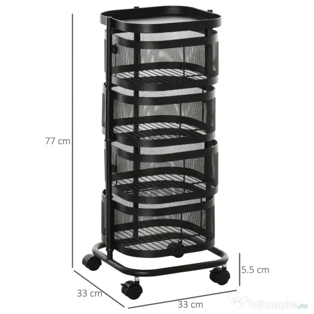 HOMCOM Carucior utilitar rulant cu cosuri metalice rotative, Carucior de serviciu cu 4 niveluri de depozitare cu blat, Negru