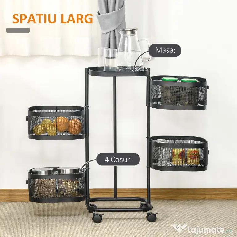 HOMCOM Carucior utilitar rulant cu cosuri metalice rotative, Carucior de serviciu cu 4 niveluri de depozitare cu blat, Negru