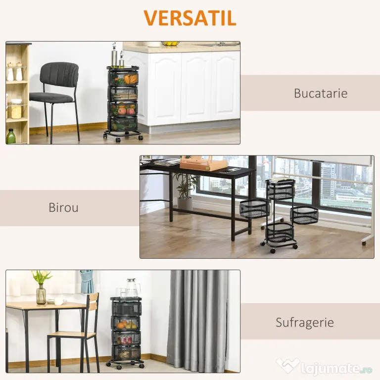 HOMCOM Carucior utilitar rulant cu cosuri metalice rotative, Carucior de serviciu cu 4 niveluri de depozitare cu blat, Negru