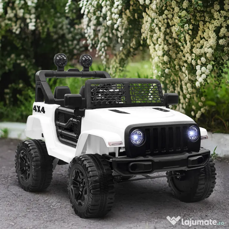 HOMCOM Masina Electrica pentru Copii Jeep Off-Road cu Telecomanda, 2 Viteze 3-5km/h, 100x65x72 cm, Alb | Aosom Romania
