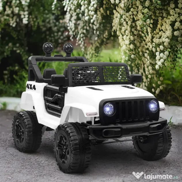HOMCOM Masina Electrica pentru Copii Jeep Off-Road cu Telecomanda, 2 Viteze 3-5km/h, 100x65x72 cm, Alb | Aosom Romania