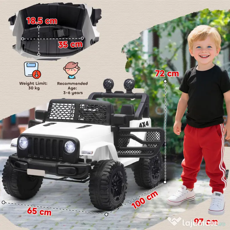 HOMCOM Masina Electrica pentru Copii Jeep Off-Road cu Telecomanda, 2 Viteze 3-5km/h, 100x65x72 cm, Alb | Aosom Romania