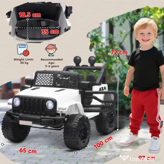 HOMCOM Masina Electrica pentru Copii Jeep Off-Road cu Telecomanda, 2 Viteze 3-5km/h, 100x65x72 cm, Alb | Aosom Romania