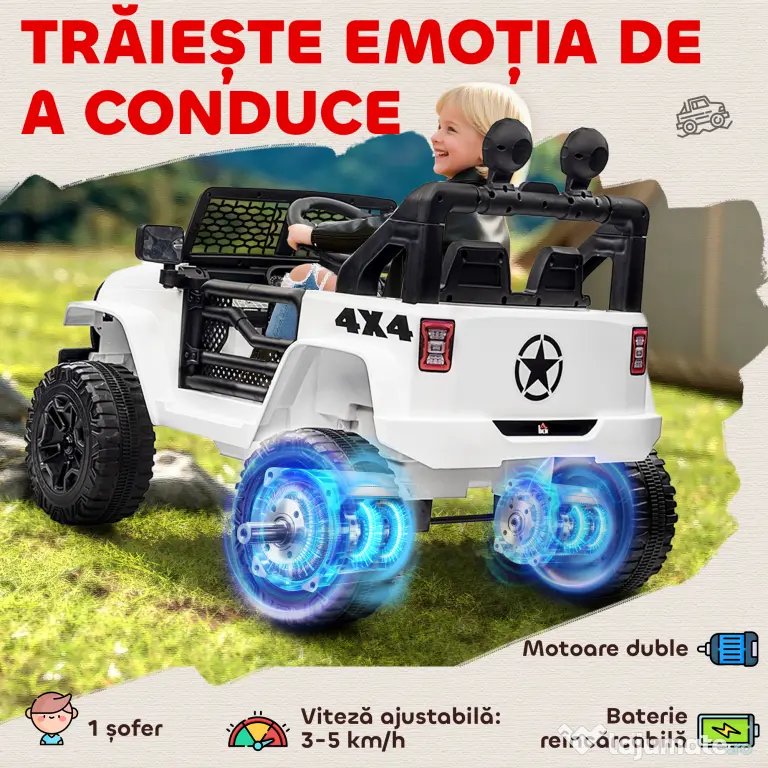 HOMCOM Masina Electrica pentru Copii Jeep Off-Road cu Telecomanda, 2 Viteze 3-5km/h, 100x65x72 cm, Alb | Aosom Romania