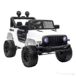 HOMCOM Mașină Electrică pentru Copii, Model Jeep Off-Road cu Telecomandă, 2 Viteze, Acumulator 12V, Sunete și Lumini LED, 100x65x72 cm, Alb